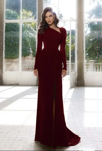 Robe Longue Bordeaux à Broderie Fleurs - Manches Longues En Viscose, Taille M/38 Occasion Très Bon état