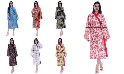 Indiano Handmade Kantha Giacca Giapponese Stile Kimono Vestaglia Lungo Pigiama