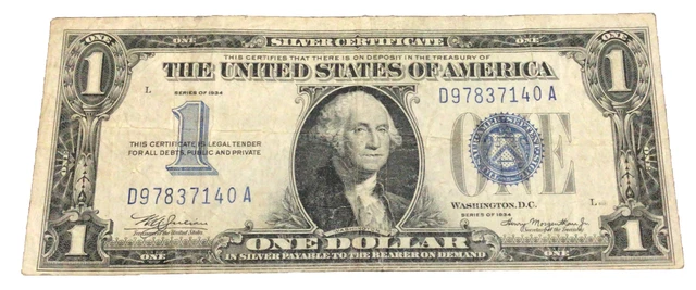 1934 one dollar silver certificate Blue Seal Funny Back