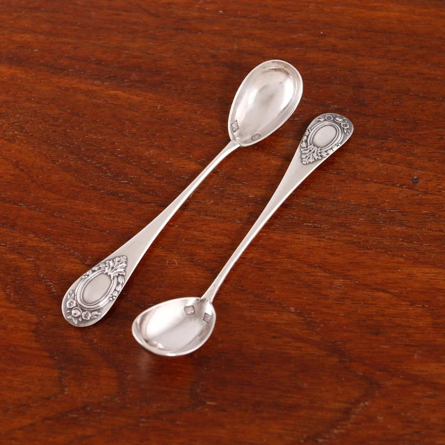 2 French 950 Silver Master Salt,Condiment Spoons Floral Foliate Tassel Wreath