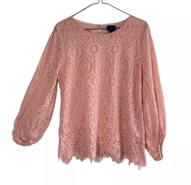 Worthington Womens Blouse Top M Pink Lace Long Sleeves Wedding Dressy Fringe Hem