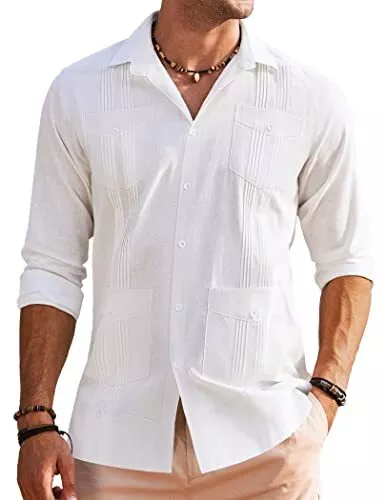 Coofandy COOFANDY Mens Shirt Cuban Guayabera Casual Button Down Cotton Linen