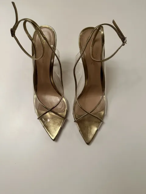 Gianvito Rossi PVC Metallic Gold Leather Pointed Toe Women’s Sandal Size 42