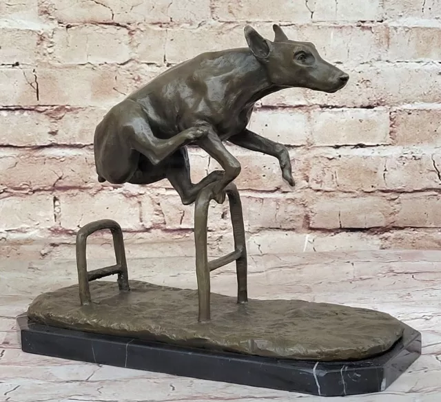 Doberman Jumping with natural ears Bronze Signed Miguel Lopez Sculpture Artwork