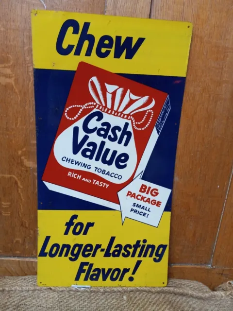 VINTAGE CASH VALUE chewing tobacco tin advertising sign 21x11 $179.00 ...