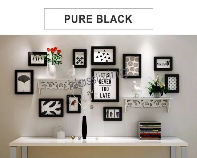 11PCs Black/White Photo Frame Set Wall Art Decor with 2 x Hollow Floating Shelf