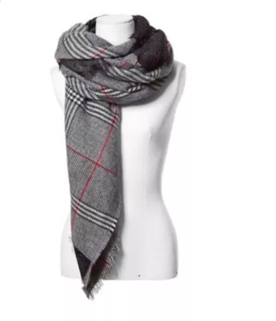 Zara Plaid Blanket Scarf Fringe Black Lace Black White Red Large Soft