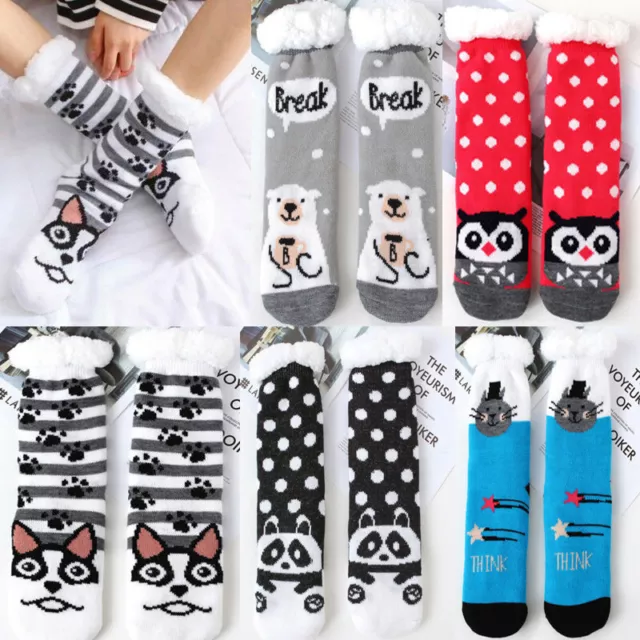 Womens Ladies Christmas Warm Fluffy Fur Fleece Lined gripper Bed Slipper Socks