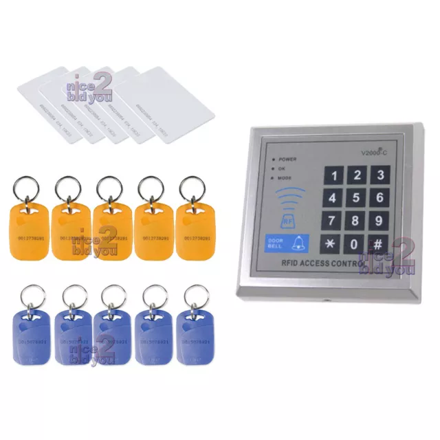 New 125KHz Proximity RFID Reader Access Control + 5 ID Cards 10 Key Ring Tag Fob