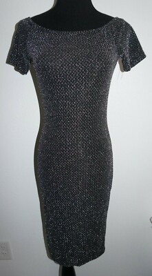 Haute Monde Black Metallic Silver Stretchy Body Con Dress Sz M Knee Length