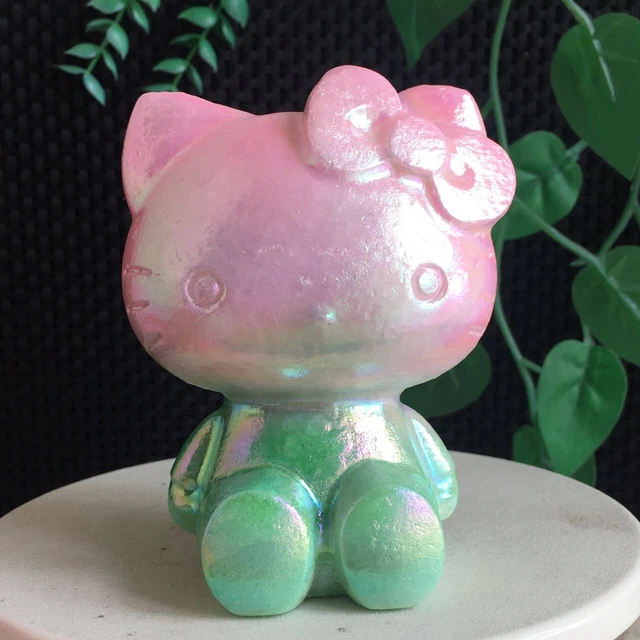 575g Titanium Pink Green Aura White Jade Hello Kitty Cat Carving Quartz Crystal