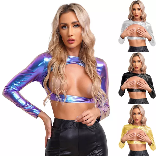 Womens Shirt Festival Tee Rave Crop Top Metallic Shiny Cut Out Party Bodycon 3