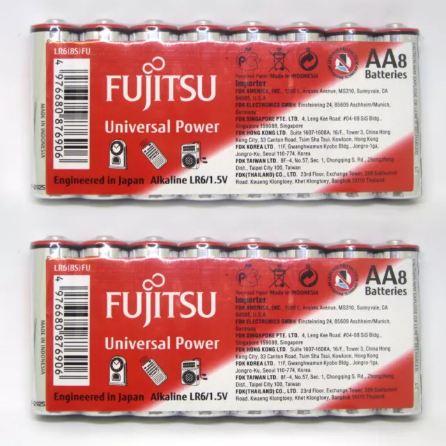 2X Shrink Pack Of 8 Fujitsu Universal Power Alkaline AA LR6 MN1500 Battery