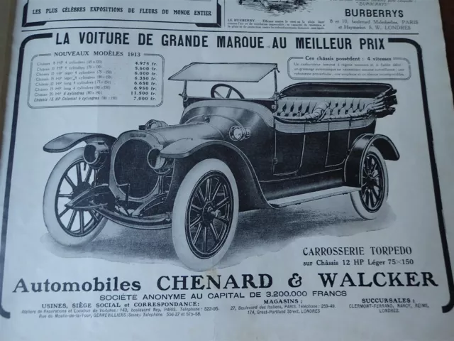 CHENARD & WALCKER voiture torpédo 12 HP publicité papier ILLUSTRATION 1913