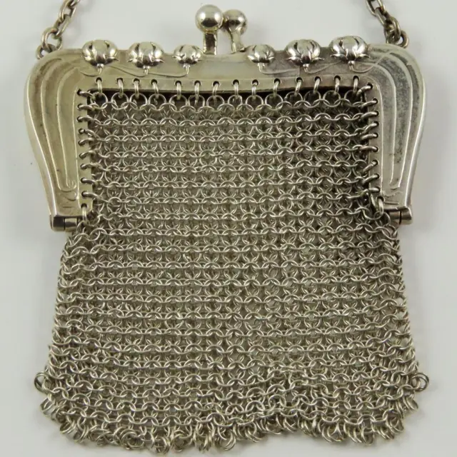 Antique Lily-Of-The-Valley Sterling Silver Ladies Mesh Change Wallet Coin Purse
