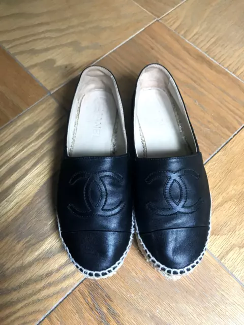 CHANEL Leather CC Logos Espadrilles flats 36 lambskin black with RECEIPT