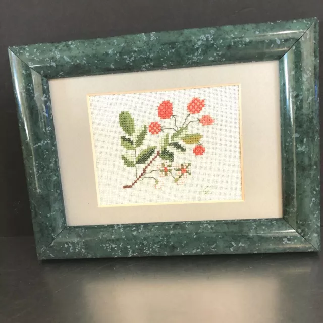 Counted Cross Stitch Picture Raspberries Flowers Framed Hand Made Matted Farm