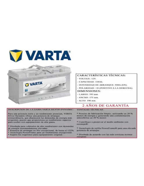 BATERIA VARTA 110AH 12V 920A (EN) GAMA SILVER DYMAMIC DIMENSIONES 393 x 175 x 19 2