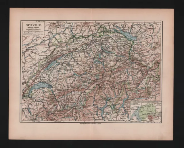 Landkarte map 1892: Schweiz. Basel Zürich Genf Luzern Italien