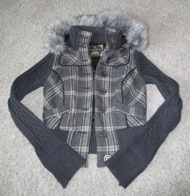 Guess Hooded Jacket Faux Fur Trim Black Gray Yellow Plaid Bomber Hoodie - S