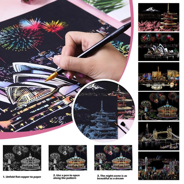 Scratch Paper Rainbow Painting Sketch Pads DIY Art Scratchboard Night Craft E9Y6