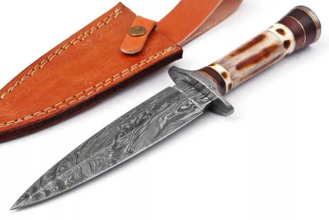 Custom Handmade Damascus Steel Dagger Knife Dyed Bone & Wood Handle with Sheath.