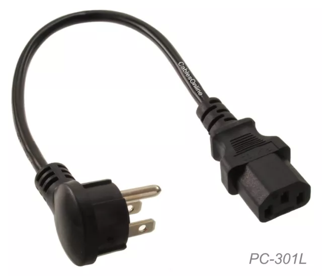 1ft Short 3-Conductor PC Power Cord, 18AWG, Right-Angle 5-15P to IEC C13 Cable