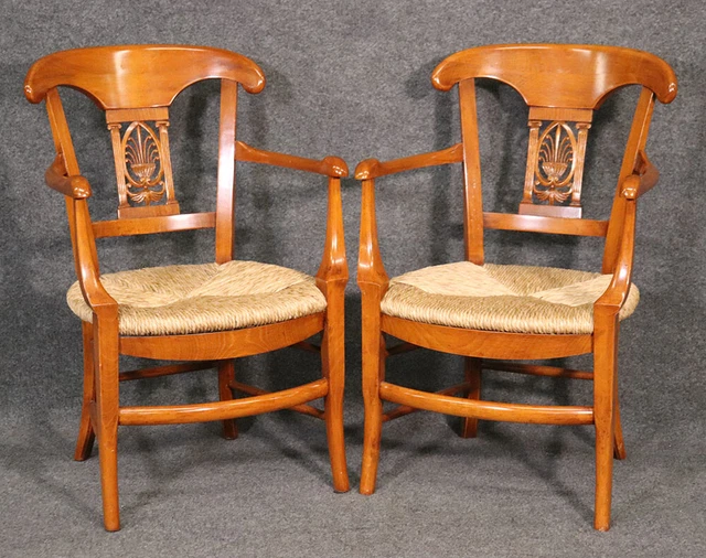 Fine Pair Solid Walnut French Directoire Rush Seated Armchairs