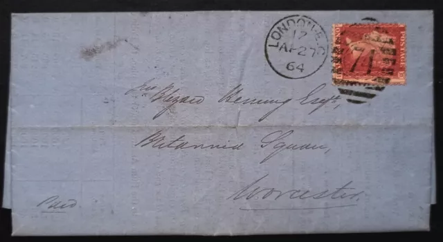 GB Queen Victoria 1d Red SG.41 Used On Letter Dated Pmk. London 1864 VF