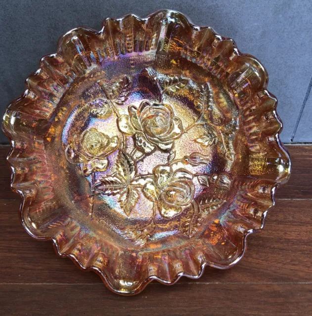 Marigold Carnival Glass 3 Ftd Stippled Bowl Imperial Open Rose Ig