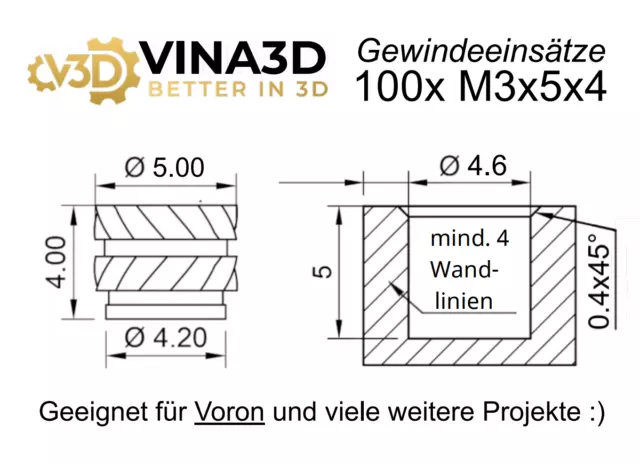 100 Stk. M3x5x4 Gewindeeinsätze/Einschmelzmuttern/Heat-Set Insert 3D Druck/Voron 3