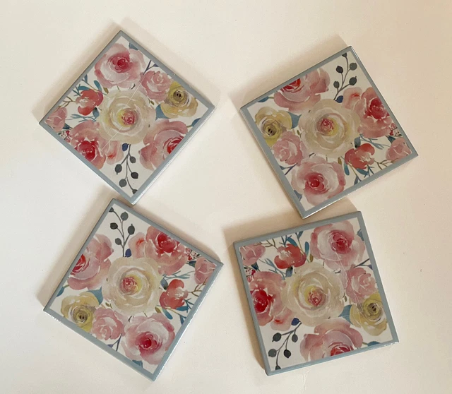 Floral Ceramic Coasters Tile Coasters Flower Ceramic Coasters Set of 4