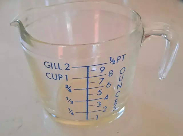 Vintage Clear Glass Kitchen Measuring Jug Half Pint Gill Ounces One Cup Retro