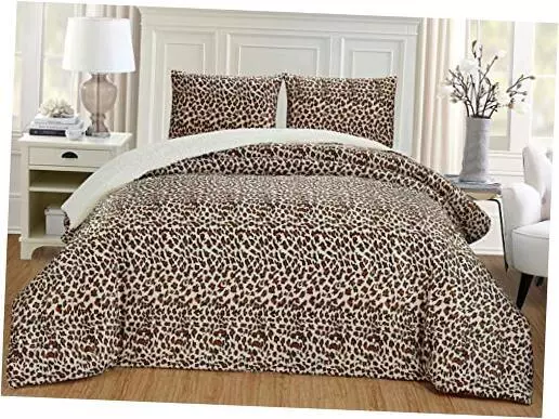3 Piece Size Brown Black Leopard Print Safari Comforter Set. Winter Micro King