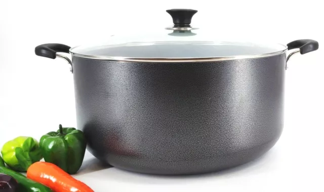 30 Quart Non Stick Aluminum Stock Pot With Vented Glass Lid, Black