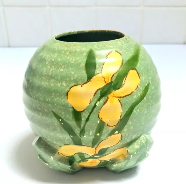 Vintage Sylvac Art Deco Green round flower vase painted Yellow Magnolias
