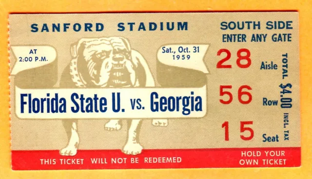 Vintage 1959 Football Ticket Stub-10/31/59 Florida State Vs. Georgia