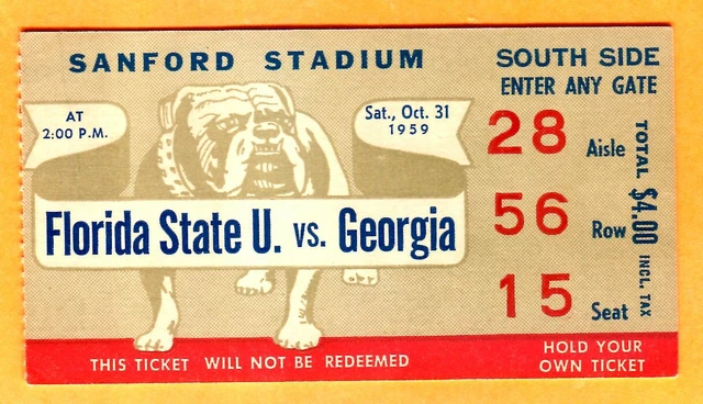 Vintage 1959 Football Ticket Stub-10/31/59 Florida State Vs. Georgia