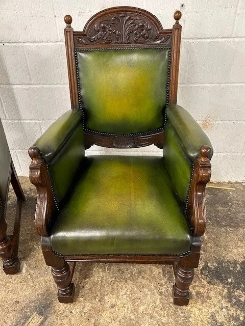 Pair of Carved Victorian Oak Throne Chairs in hand dyed Green leather