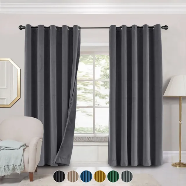 Luxury Velvet Curtains Thick Thermal Blackout Ring Top Fully Lined Pair Eyelet
