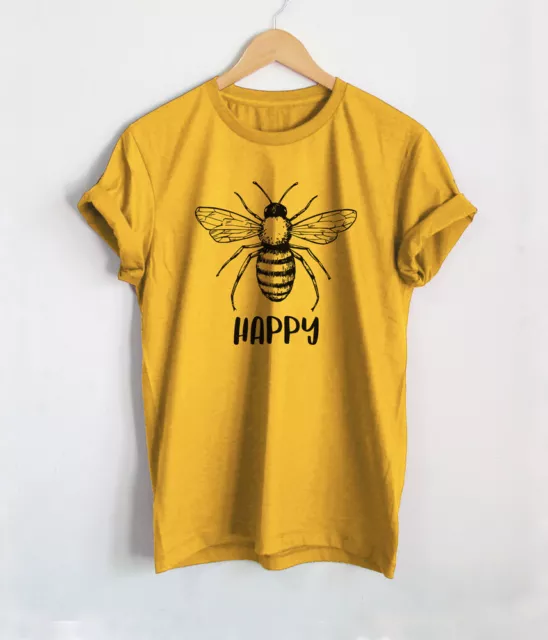 Bee Happy T-Shirt Be Happy Unisex Women Shirts Mustard Yellow Tops Tees