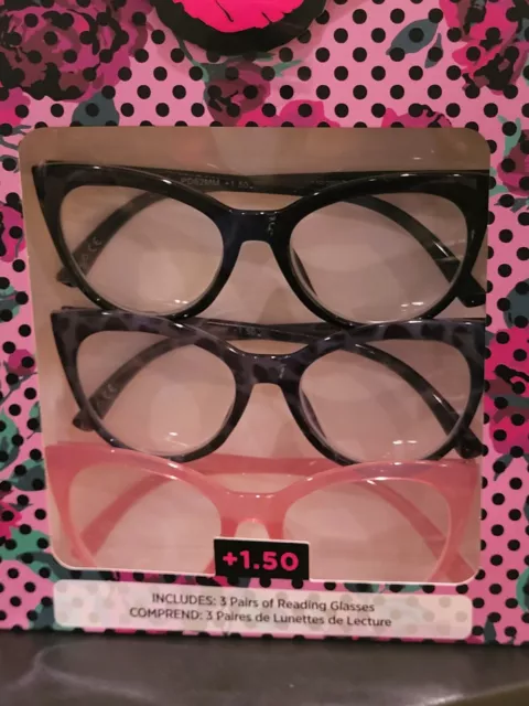 Betsey Johnson 3 Pack Premium Reading Glasses Readers +1.50 +2.00 +2.50 Cat Eye