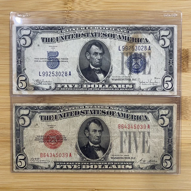 1928 $5 Red Seal & 1934 C $5 Silver Certificate Blue Seal Banknotes Lot Currency