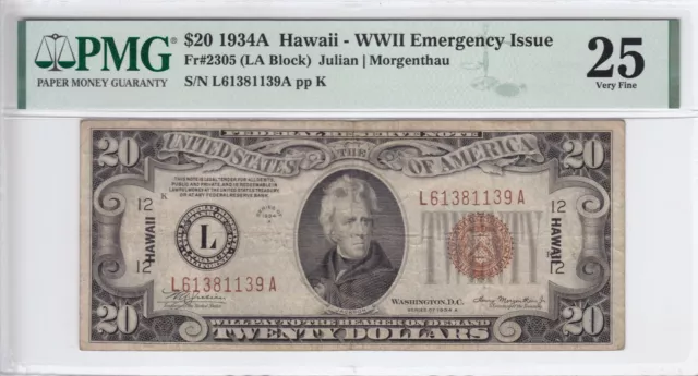 1934A $20 Federal Reserve Note Hawaii Emergency Issue #2305 PMG VF 25 L61381139A