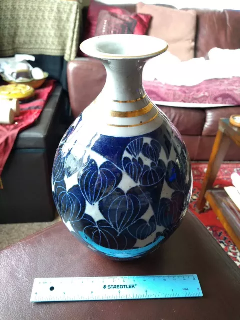 Beautiful Vintage Studio Pottery. Porcelain Blue Floral Vase. Mark Mb? 8" Tall.
