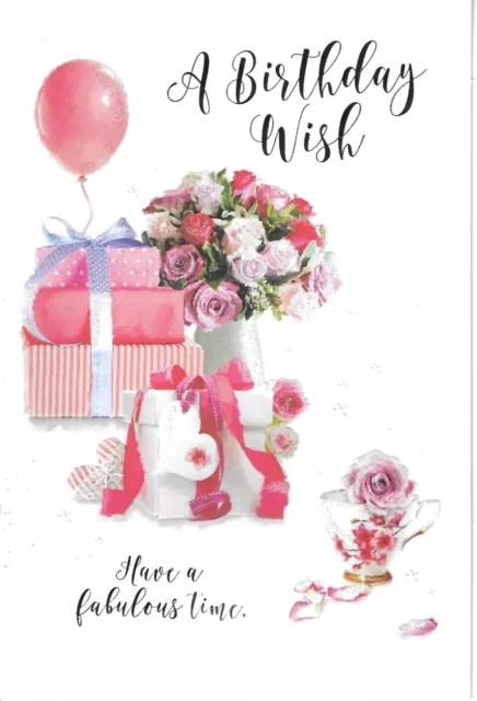 Open Female, Ladies Birthday Greeting Card 7"X5" Presents, Flowers, Balloon