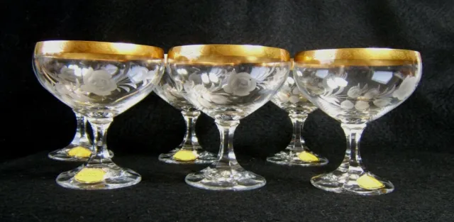 6 x Champagner Sekt Kristall Gläser Handgeschliffen und Vergoldet