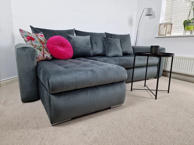 NEW GREY Corner Sofa Bed universal side storage, velvet fabric