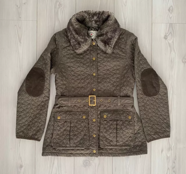 M&S khaki Green girls quilted parka winter jacket coat Belt Faux fur Age 13-14