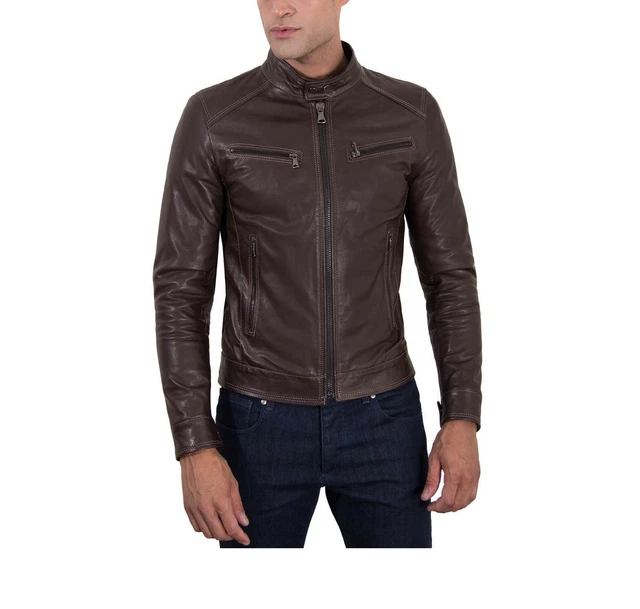 Jacket Leather Biker Motorcycle Mens Coat Vintage Bomber Lambskin Slim Brown A6